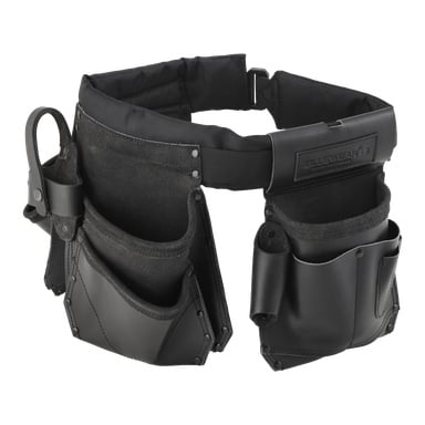 Bluewear Tool Belt, tillverkat av svart läder, innehåller många fickor och öglor för verktygsorganisering. Den har förstärkt stygn och metallnitar för att förbättra hållbarheten.