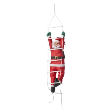 EKVIP Climbing Santa-dekorationen visar tomten i en röd dräkt med svarta stövlar, ett svart bälte med ett gyllene spänne och gröna handskar som klättrar uppför en vit repstege som hänger vertikalt från toppen i ett snöre.