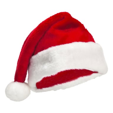 En röd EKVIP-tomtemössa med vit fluffig kant och en vit pompom-pom i spetsen.