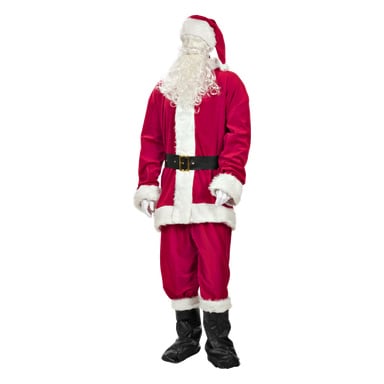 Någon klädd som jultomten i en röd kostym med vit kant, svart bälte och stövlar, röd hatt, vita handskar; ansiktet är dolt.