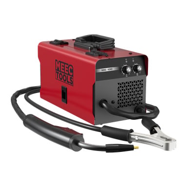 En röd Meec Tools MIG 100 svetsare med två kontrollrattar, flera fastsatta kablar, en svetspistol och en metalljordklämma. Maskinen har ett övre bärhandtag och ventilationsspår på frontpanelen.