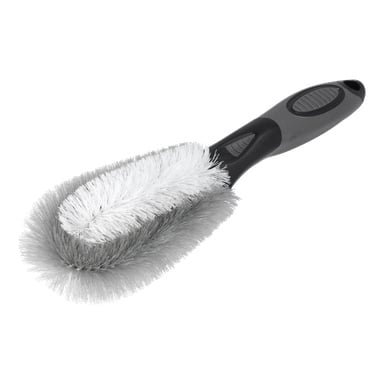 En närbild av Hamron Rim-borsten framhäver dess vita och grå borst i ett svart handtag med en ergonomisk, böjd design.