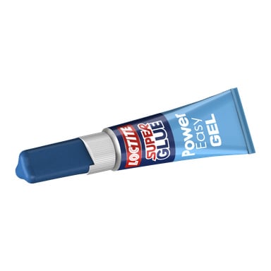 En tub Loctite Superglue Power Easy Gel med blå lock, blå och silverfärgad etikett, och märket tydligt visat i rött och vitt på förpackningen.