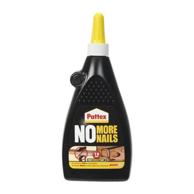 En svart Pattex Wood Glue No More Nails-flaske med gul kork, som viser en etikett som viser en treplanke og understreker dens evne til å binde materialer uten å bruke spiker.