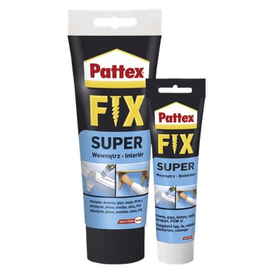 Pokazane są dwie tubki Pattex Superglue Fix Super, z których jedna jest większa od drugiej. Oba mają czarne nakrętki i etykiety w kolorach niebieskim, żółtym i białym, które podkreślają przydatność produktu do użytku wewnątrz budynku.