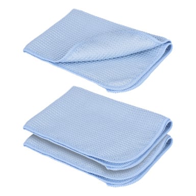 Två ljusblå Hamron Microfibre-tyger från ett 3-pack visas, båda vikta för att framhäva deras texturerade yta. Det övre tyget är delvis utvikt, medan det nedre är helt vikt.