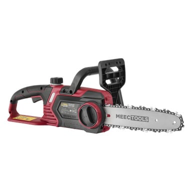 Punamusta akkukäyttöinen moottorisaha, jossa on CS-18V HOME 500 Meec Tools Multiseriesilta, jossa on hopeinen terä, musta kahva ja turvasuoja.