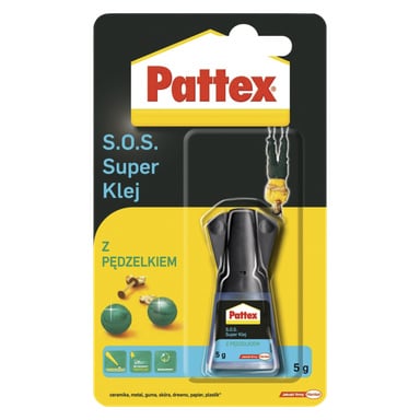 Żółto-czarne opakowanie Pattex Superglue S.O.S z niebieskim i czerwonym tekstem, zawierające dołączony pędzel i wskazujące, że nadaje się do ceramiki, metalu, gumy, skóry, drewna, papieru i plastiku.