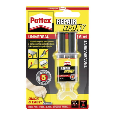 Pattex Epoxy Glue Universal Repair jest dostępny w opakowaniu o pojemności 6 ml, z dwoma tubkami i tacą do mieszania. Opakowanie podkreśla 5-minutowy czas zaklejania i pokazuje, że można go stosować na drewnie, szkle, ceramikach i metalu.