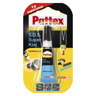 Pakiet Pattex Superglue S.O.S o 3g z niebiesko-czarną tubką, osadzony w żółto-czarnym opakowaniu z symbolami wskazującymi, że klej jest wodoodporny, nadaje się do różnych powierzchni i zapewnia szybkie przyleganie.
