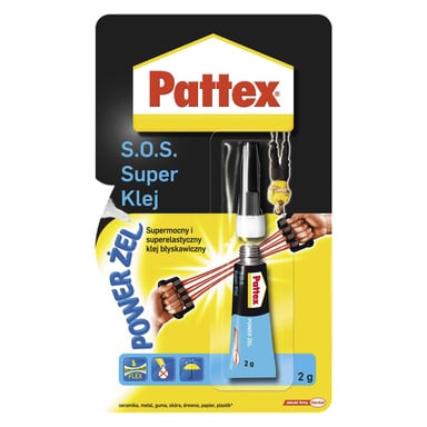 Pattex Superglue S.O.S żelu w opakowaniach detalicznych 2g. Na opakowaniu widnieje tubka kleju wraz z ikonami pokazującymi jej elastyczność, zastosowanie na różnych powierzchniach oraz wizualizacje podkreślające mocne trzymanie i szybkie łączenie.