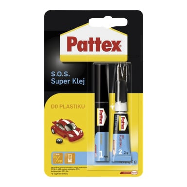 Dwie tubki kleju Pattex Plastic Glue S.O.S., zapakowane w czarno-niebieskie barwy z czerwono-białym logo Pattex, znajdują się w blisterze. Po lewej stronie znajduje się ilustracja czerwonego samochodu, obok tekstu informacyjnego produktu.
