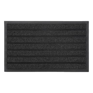 En rektangulär EKVIP-dörrmatta med svarta horisontella ränder som växlar mellan texturerade och släta ytor, sett uppifrån.