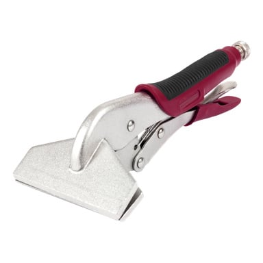 En Meec Tools svetsklämma med breda, platta käftar och ett handtag i svart och rött är avsedd för att greppa och hålla skivmaterial ordentligt under arbete.