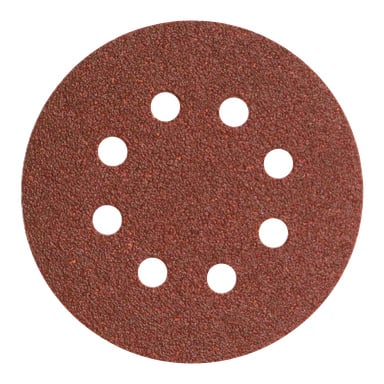 En rødbrun, grov Meec Tools Sanding Disc fra en fempakning viser åtte jevnt fordelte hull i en ring nær midten, laget for bruk med en elektrisk sliper.