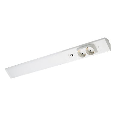 En vit Anslut Worktop LED-grenuttag med två europeiska uttag, två USB-portar och en förlängd inbyggd LED-lampa.