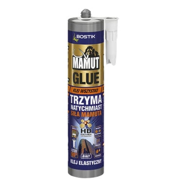 Tubka kleju Bostik Mamut z białą dyszą dołączoną. Etykieta przedstawia tekst, obrazy aplikacji kleju oraz wyraźne cechy produktu.
