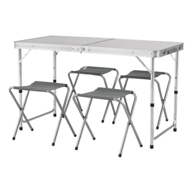 Kayoba Foldable Camping Table with Stools on viiden osan setti, johon kuuluu suorakaiteen muotoinen harmaa pinta ja hopeinen metallirunko sekä neljä harmaata taitettavaa jakkaraa.