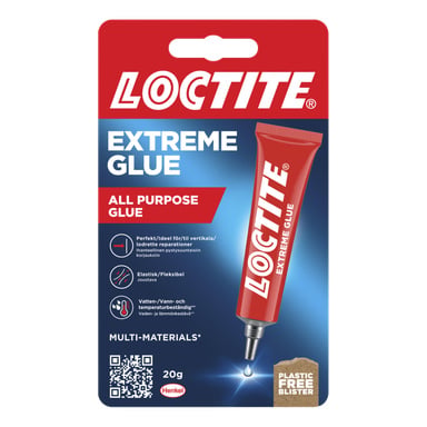 Loctite Extreme Glue, 20g, allround, flermateriallim med text på engelska, svenska och finska.