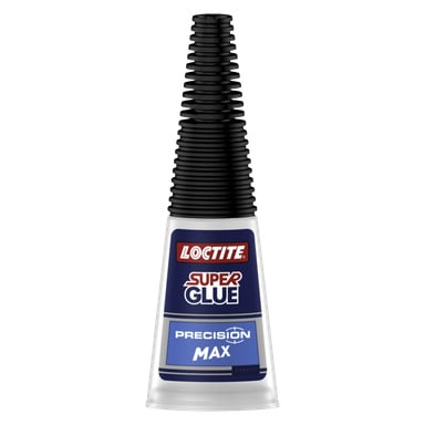 En Loctite Super Glue Precision Max-flaska med blå etikett och ett förlängt svart munstycke designad för exakt applicering.