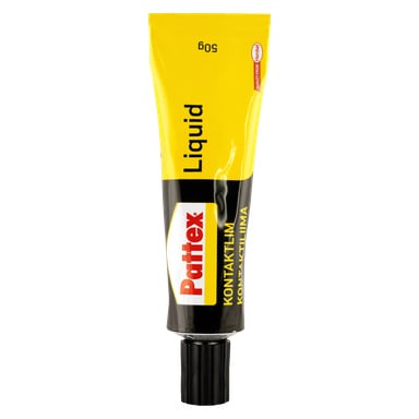 Keltainen ja musta putki Pattex Contact -liimanestettä, jossa ylhäällä lukee "60g" ja edessä Pattex-logo, ja lopussa musta ruuvattu korkki.