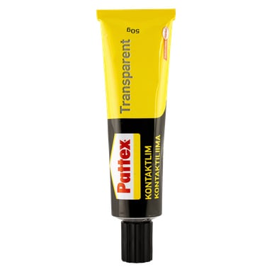 Pattex Contact Transparent -liimaputki, jossa on musta korkki, jossa on keltainen ja musta pakkaus, jossa näkyy Pattexin tuotemerkki ja tuotetiedot.