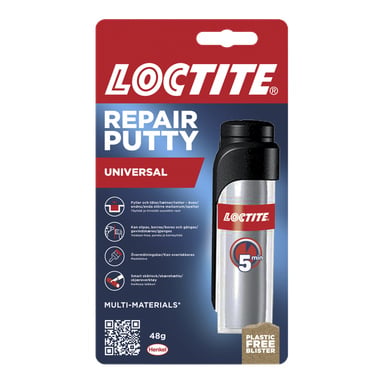 Loctite-korjauskitti, Universal, 48g. Ominaisuuksiin kuuluvat täyttö, tiivistäminen, hionta, poraus ja maalaus. Muoviton rakkulapakkaus.