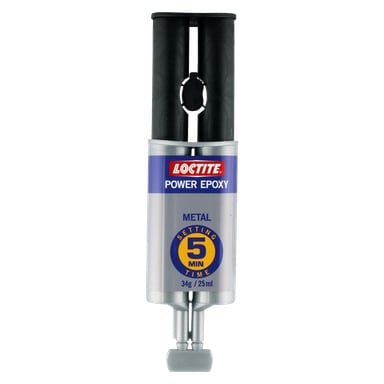 Kaksiruiskuinen Loctite Power Epoxy Metal -annostelija, jonka etiketissä näkyy 5 minuutin asennusaika ja kokonaistilavuus 34 grammaa (25 ml). Annostelijan yläosassa on kaksi mustaa mäntä.