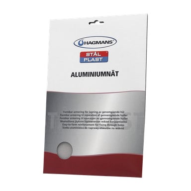 Ett paket med Hagmans aluminiumnät, marknadsfört som lättformad förstärkning för hålreparation. Förpackningen har olika produktdetaljer, och en liten bit av nätet kan ses nere i vänstra hörnet.