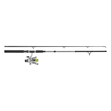 Kayoba Fishing Reel Set inkluderer en todelt stang med svart håndtak og festet metallspinnesnelle. Den nedre delen har neongrønn fiskesnøre viklet på snellen, og begge seksjonene viser flere lineguider. Den øvre delen er uten spole.