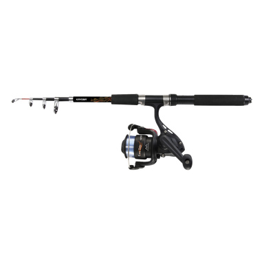 Kayoba Spinning rod-settet inkluderer en teleskopisk stang med et slankt svart håndtak, flere lineføringer langs lengden, og en sølv- og svart spinnesnelle festet under stangen. Rullen har oransje tekstdetaljer og en spole med et blått skjær.