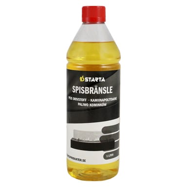 En 1-liters Starta brennestoffflaske med rød kork og gul væske inni. Etiketten viser tekst sammen med et bilde av en bordpeis.
