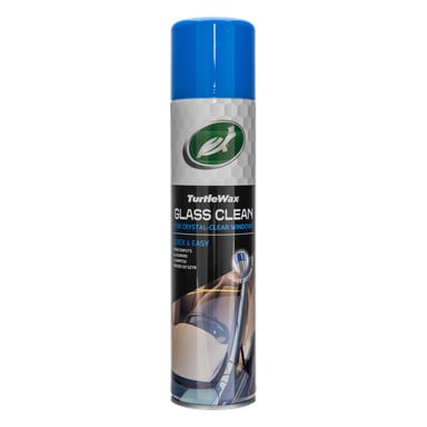 Turtle Wax Glass Clean sprayburk med blå lock; Etiketten visar märke, produktnamn, rengjord bild på vindrutan, instruktioner synliga.