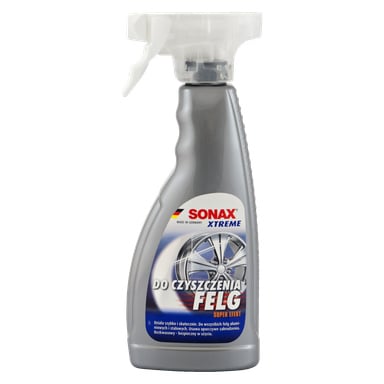 Butelka z rozpylaczem Sonax Rim cleaner Xtreme z obrazkiem koła samochodowego i napisem SONAX XTREME, DO CZYSZCZENIA FELG i SUPER EFEKT.