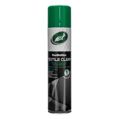 En burk Turtle Wax Textile Clean med grön lock, etikett som visar varumärke, instruktioner, funktioner och bild på en bilbarnstol.