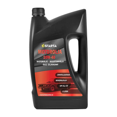 4-litrainen musta Starta Engine Oil 10W-40 -säiliö, jossa oli punavalkoinen teksti etiketissä ja kuva punaisesta autosta.