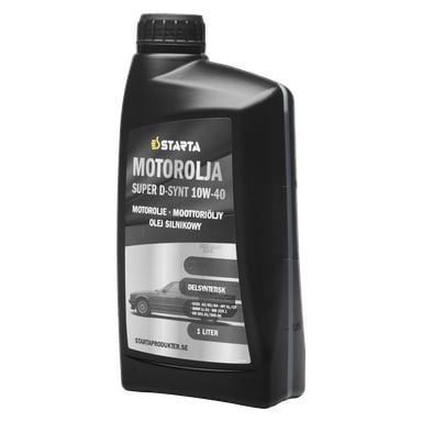 1 litran musta muovipullo Starta-puolisynteettistä moottoriöljyä, jossa on Super D-Synt 10W-40 -etiketti. Etupuolella näkyy tuotetiedot ja autografiikka.
