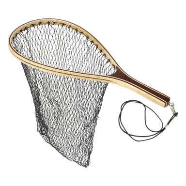 Kayoba Fishing Net har ett trähandtag, svart nät och ett fastsatt handledsband.