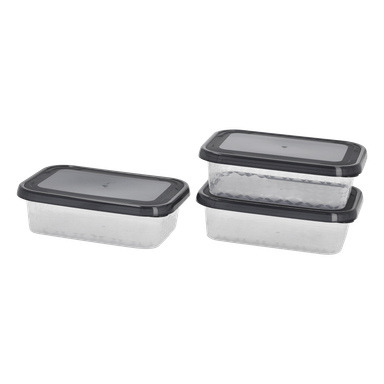 Tre Menuett-lunchlådor, var och en rektangulär med transparenta plastsidor och svarta lock. Till höger är två behållare staplade ovanpå varandra; Till vänster står en ensam behållare. Alla har en svag texturerad design längs sidorna.