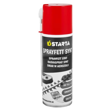 En 200 ml röd och vit sprayburk med Starta Spray-fett med produktdetaljer på etiketten, tillsammans med bilder på kugghjul och en kedja.
