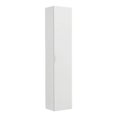 EKVIP Tall cabinet Girona är en smal, vit förvaringsenhet med en enda dörr och ett enkelt minimalistiskt handtag. Designen är ren och modern, utan synliga utsmyckningar eller extra detaljer.