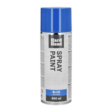 En 400 ml Hard Head sprayburk med blå lock, märkt "SPRAY PAINT" och "BLUE RAL 5015." Förpackningen visar text och användningsanvisningar.