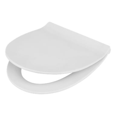En vit EKVAP-toalettsits med ett slätt, platt lock som lätt överlappar en rundad plastsits.