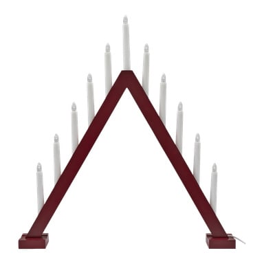 EKVIP Large LED adventsljusstake har en röd träsockel med sju vita elektriska ljus arrangerade i en triangel.