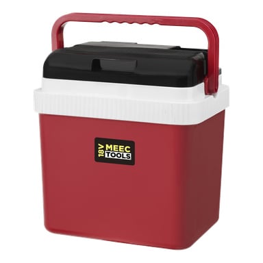 En hållbar röd och vit portabel kylbox från Meec Tools Multiseries, utrustad med svart lock, rött handtag och en gul-svart frontetikett där det står "18V MEEC TOOLS." Detta är CB-18V HOME 500 Cooler Box med en varmhållningsfunktion.