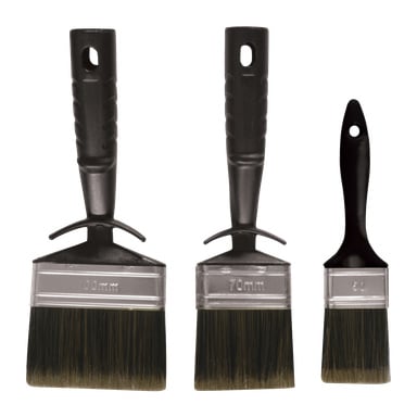 Hard Head Brush setzte drei Teile mit drei Pinseln mit schwarzen Griffen und dunklen Borsten, die auf ihren Metallhülsen mit 100 mm, 70 mm und 50 mm beschriftet waren.