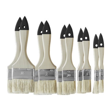 Hard Head Paintbrush-sett består av 10 stykker med lyse trehåndtak og svarte ferruler, arrangert i par fra størst til minst.