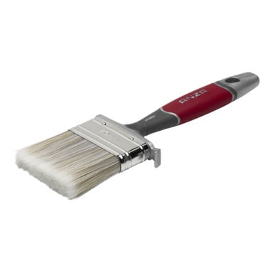 Anza Varnish Brush Elitessä on leveä kärki synteettisine harjaksineen, hopeinen ferrule ja ergonominen punainen ja harmaa kahva, jossa näkyy Anza-logo. Sivellin näyttää moitteettomalta ja käyttämättömältä.