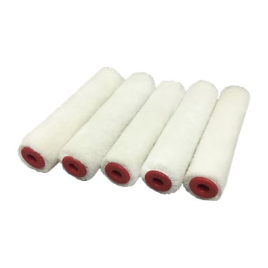 Fem Hard Head Roller-överdrag med 5-pack färgrullar med röda ändlock diagonalt uppradade.