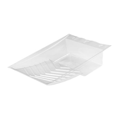 En klar plast Jordan Tray-innsats med en ribbet skrånende overflate og en flat brønn i bunnen, vist vinklet.